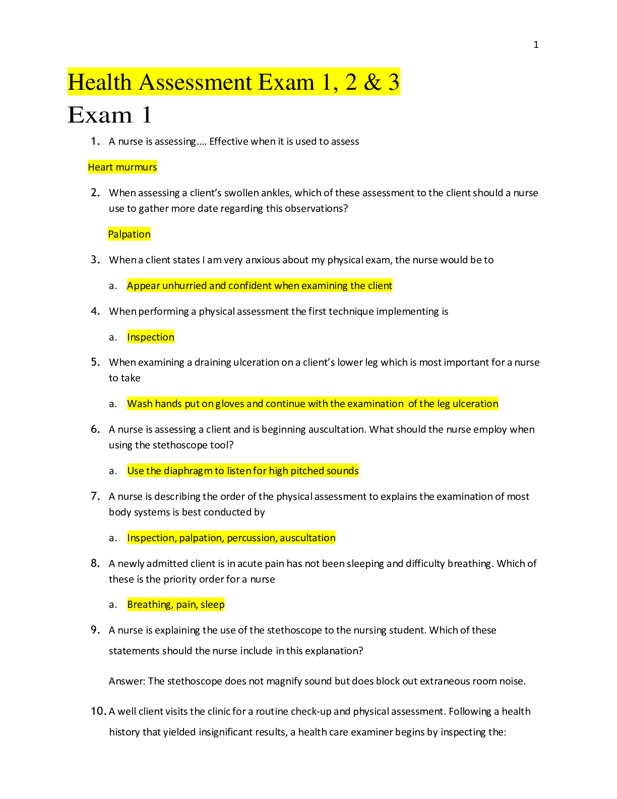 Preview of NUR 112; Health Assessment Exam 1,2 & 3 All answers 100% correct, Summer 2020/21